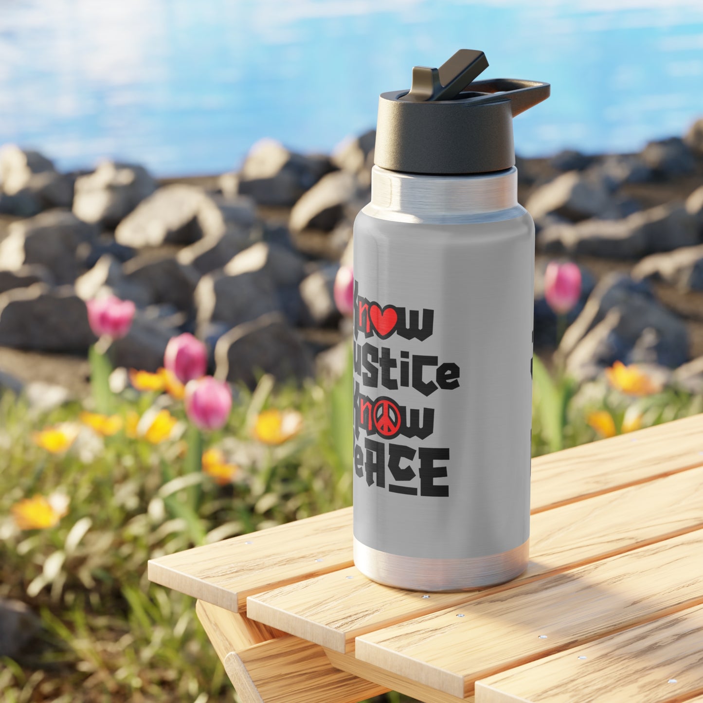 “Know Justice, Know Peace (Heart of Awareness)” 32 oz. Tumbler/Water Bottle