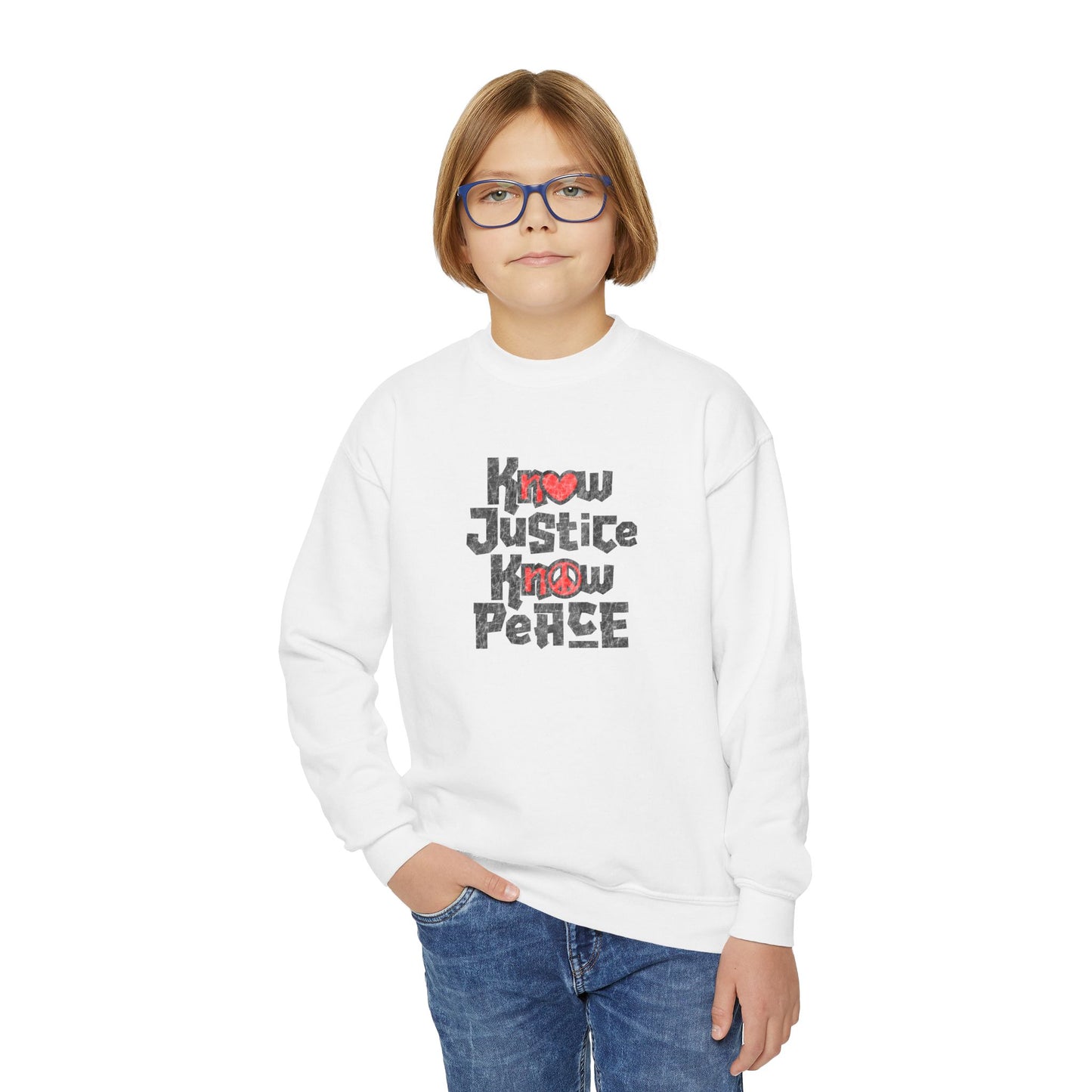 “Know Justice, Know Peace (Heart of Awareness)” Youth Sweatshirt