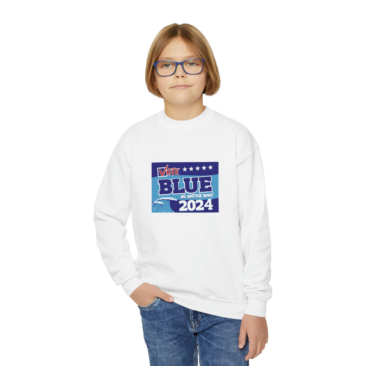 “Vote Blue No Matter Who, Blue Wave 2024” Youth Sweatshirt