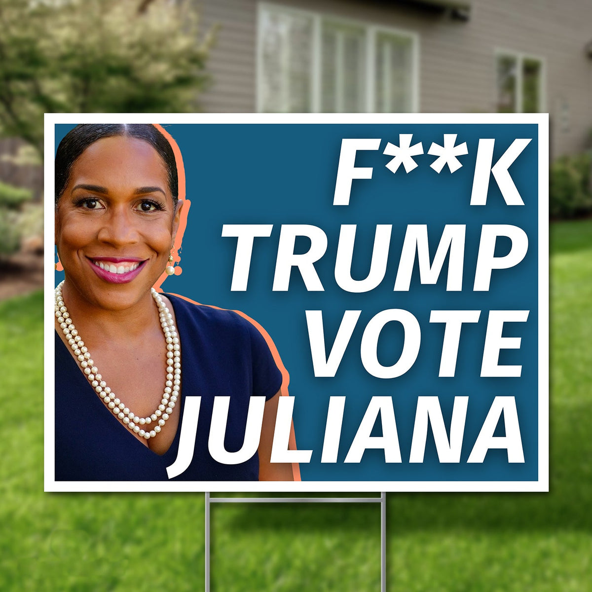 Juliana Stratton for U.S. Senate 2026 yard sign, teal photo