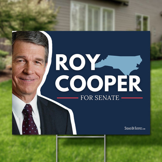 Roy Cooper for U.S. Senate 2026 yard sign, photo with North Carolina state outline